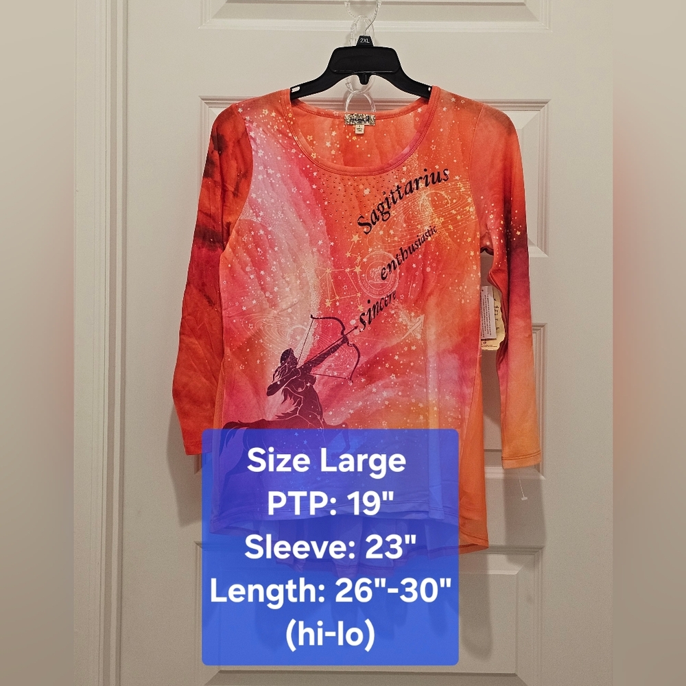 One World Long Sleeve Scoop Neck Sagittarius Top, NWT, Size Large